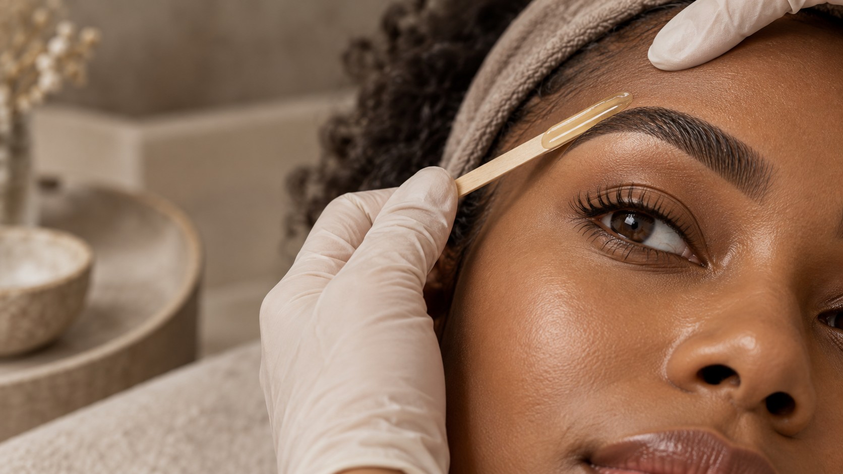 Close-up of brow sculpting with a wax applicator