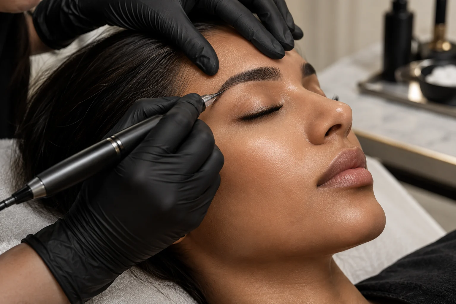 Close-up of a precision tattoo machine used for semi-permanent brow artistry