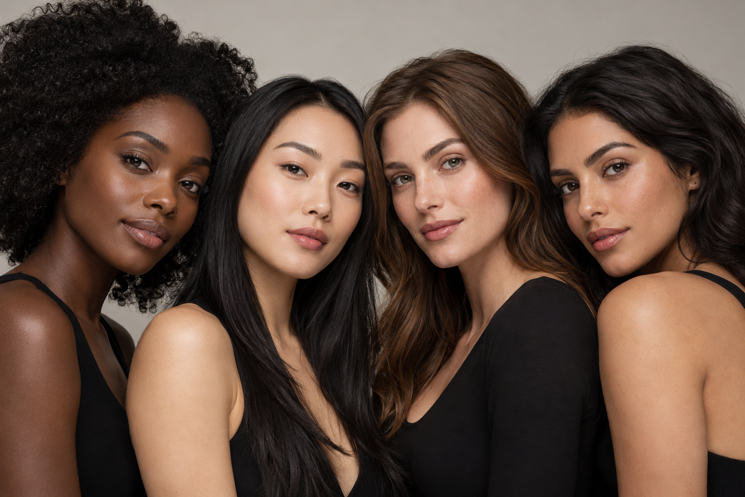 Editorial beauty campaign featuring four women with varied skin tones and beautifully defined brows